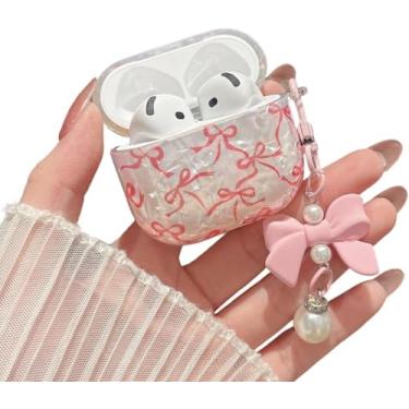 Imagem de MINSCOSE Capa para AirPods 4 com glitter, design moderno de fita de laço com laço e pérola, capa protetora à prova de choque para Apple Airpods iPod 4ª geração para mulheres e meninas - rosa