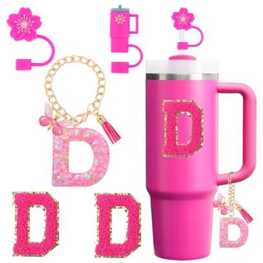 Imagem de Conjunto de acessórios para copo Stanley Cup 850 g 1,134 g copo com alça, incluindo tampa de cobertura de palha de silicone, pingente de alça, adesivo de iniciais fúcsia (D)