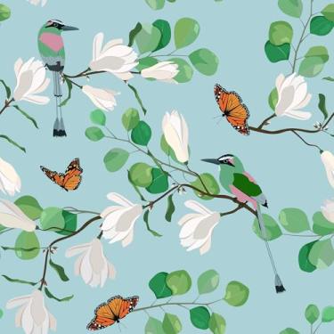Imagem de VaryStyle Papel de parede floral azul e verde descasque e cole o verão natureza pássaro/borboleta/folha de eucalipto/magnólia floral mural de parede autoadesivo removível papel de contato para