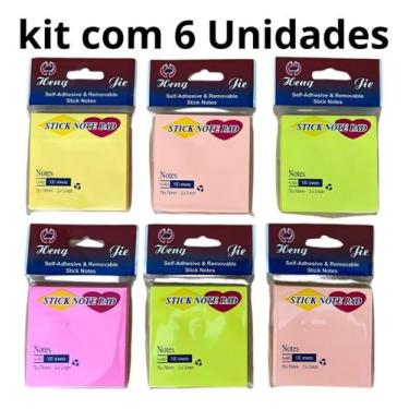 Imagem de Kit com 6 Blocos Adesivos 76x76mm Autocolantes 100 Folhas Cores Sortid