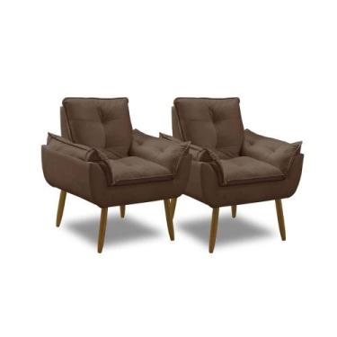 Imagem de Kit 2 Poltronas Para Sala Decorativa Opala Pés Madeira Suede Marrom Im