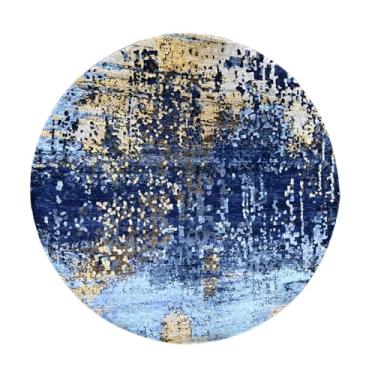 Imagem de Shahbanu Rugs Tapete oriental redondo de lã e seda atada à mão azul com mosaico dourado (2,7 m x 2,9 cm)