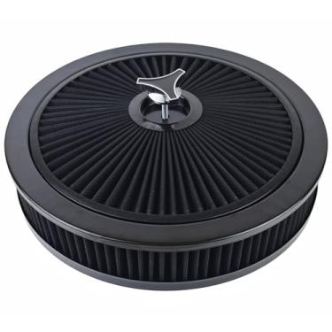 Imagem de Conjunto de filtro de filtro de ar lavável de alto fluxo redondo de 35,56 cm x 7,6 cm com tampa cromada e pescoço de carburador de 14 cm - ajuste universal para Chevrolet, GMC, Ford (preto)