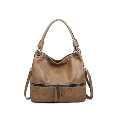 Imagem de myfriday Bolsa de ombro vintage Hobo feminina de couro macio, bolsa elegante estruturada com detalhe de rebite, Caqui, One Size