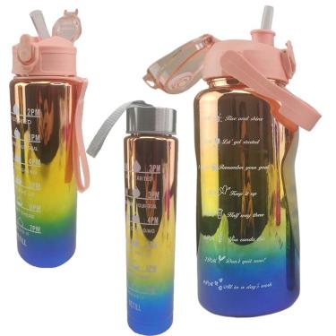 Imagem de Garrafa Motivacional Metalizada Kit 3 Uni Squeeze Agua Cha Suco Viagem Passeio Academia Treino