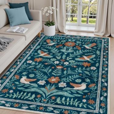 Imagem de LIVEBOX Tapete floral 12 x 18 cm lavável boho floral pássaros, tapete antiderrapante para sala de estar, quarto, quarto de bebê, tapetes macios de animais fofos para crianças, meninas, bebês - verde