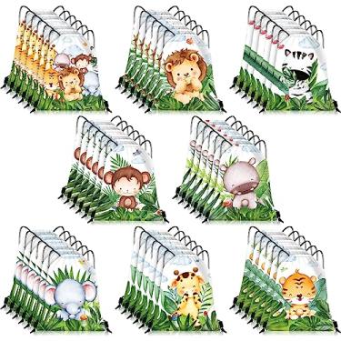 Imagem de 48 peças de sacolas de safári para lembrancinhas de festa de safári com cordão, decorações de chá de bebê safári, sacolas de presente de festa na selva, sacolas de presente de aniversário para meninos