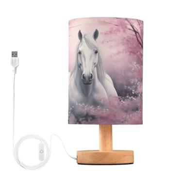 Imagem de Flradish Abajur De Mesa White Horse Para Quarto, Cabeceira Portátil Com Base Madeira Usb, Cilindro, Sala Estar E Escritório