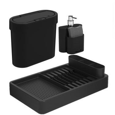 Imagem de Kit Lixeira 2,8L Escorredor Louças Dispenser Porta Detergente Pia Cozinha Flat - Coza