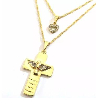 Imagem de Colar Cordão Duplo Cruz Divino Espirito Santo Folheado - Milena Folhea