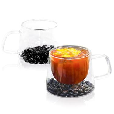 Imagem de Innodoris Canecas de café de vidro de parede dupla com alça conjunto de 2 canecas de ilusão de grão de café, efeito 3D, vidro borossilicato 200 ml, copos quente/frios para casa/escritório/café