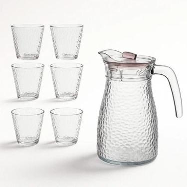 Imagem de Conjunto 4 copos + Jarra Tampa Transparente Texturizado Sucos Água Lei