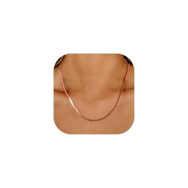 Imagem de ChainsHouse Colar feminino de corrente de cobra plana com espinha de peixe, aço inoxidável/ouro rosa/banhado a ouro 18K, delicadamente ajustável, curto em camadas, 30,5 cm/38,1 cm/45,7 cm com extensor