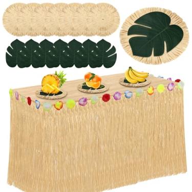 Imagem de 17 peças de jogo americano de decoração de festa havaiana tropical folha de palmeira conjunto de 8 saias de mesa de grama decorações de festa de aniversário para festa de verão Havaí temática