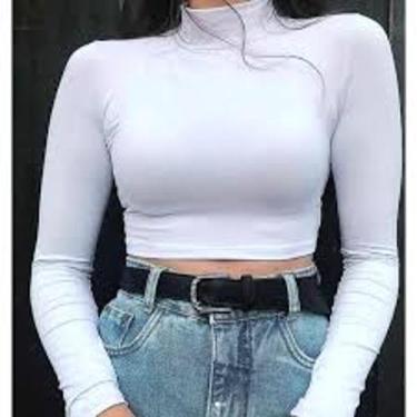 Imagem de Cropped feminino gola alta manga longa básico malha canelada tendência