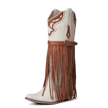 Imagem de SaraIris Bota feminina ocidental, bico fino, salto grosso, bordado, franja, pull-on, botas de cano médio, 7 cm, altura do joelho, PU, jeans, borracha, 1 bege marrom, 35
