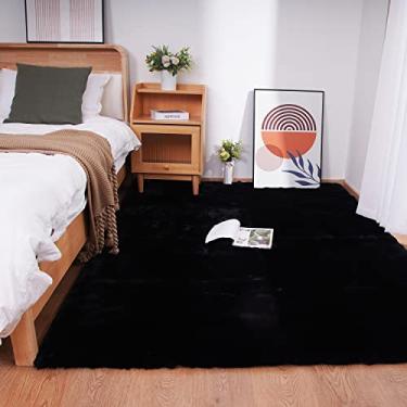 Imagem de Ghouse Tapete de pele de coelho sintético preto, 12 x 17 cm, lavável na máquina, tapetes macios para sala de estar, tapete de pele de carneiro que não cai, tapete