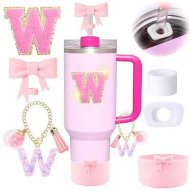 Imagem de 6 peças de acessórios rosa para copo Stanley, decorações para copo de 30/1,134 g com alça, inclui tampa e bota de cobertura de palha de laço, pingente de iniciais, adesivo de letra, tampa à prova de