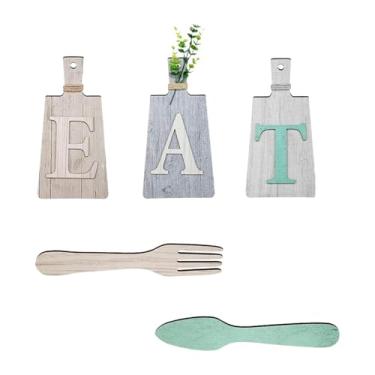 Imagem de XLWLLNJ 5 peças de letras de madeira decorativas penduradas, placa de comida de cozinha, garfo e colher, decoração de parede para quarto, a