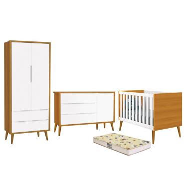 Imagem de Dormitório Infantil Theo Retrô 2 Portas, Cômoda 1 Porta, Berço com Pés Amadeirado e Colchão D18 - Reller Móveis Branco/Savana