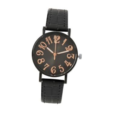 Imagem de YIJU Relógio de pulso feminino com algarismos arábicos, pulseira de couro PU, casual, redondo, presente de aniversário, Preto