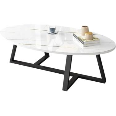 Imagem de Mesa De Café Oval De Vidro Para Sala De Estar, Mesa De Centro Moderna Com Mesa De Centro De Sofá Com Mármore Falso Vidro Temperado Desktop & Pernas De Me, White Gold Line, 100X50X45CM
