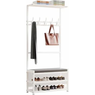 Imagem de Cabide De Aço Carbono Com Banco De Sapatos, Cabide De Entrada Moderno Com Ganchos E Sapateira De 2 Andares, Cabideiro De Pé Livre Para Salas De Estar No Corredor, White, 60x25.5x160cm