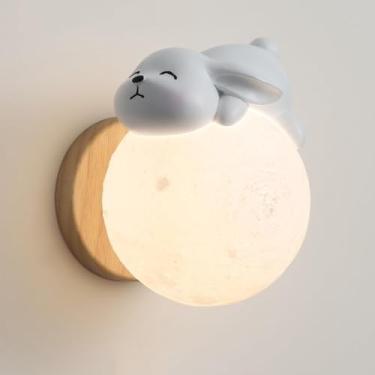Imagem de Arandela De Parede De Berçário Moderno Criatividade Nórdica Bonito Desenho Animado Coelho Lua Luz De Parede De Quarto Infantil Lâmpada De Parede Esférica Branca De Leite Mini, Bear