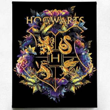 Imagem de CRAFTHUB Kit de pintura por números Harry Potter - brasão de Hogwarts - tela sem moldura. Conjunto de pincéis de madeira * 4 com gancho, 18-24 cores, guia de papel A4