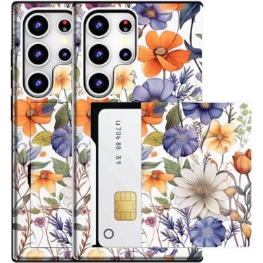 Imagem de MUQR Capa compatível com Samsung Galaxy S23 Ultra com suporte de cartão fofo - Design Kawaii, proteção contra quedas de nível militar, capa carteira robusta para mulheres (arte floral de outono branca