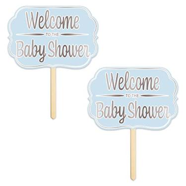 Imagem de Beistle Placas de jardim "Welcome to the Baby Shower" – Pacote com 2 expositores de gramado em cartolina azul dupla face com folha prateada em estacas de madeira, decoração de saudação ao ar livre