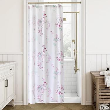 Imagem de Cortina de chuveiro pequena lavanda roxa e branca, tecido impermeável, lilás e verde-sálvia, cottagecore para meninas, conjunto com ganchos 91 x 182 cm