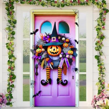 Imagem de BlissYard Capa para porta de Halloween, 89 x 188 cm, guirlanda de bruxa, pernas de abóbora, tecido de poliéster, faixa de porta festiva para decoração de casa assustadora, mas fofa, decoração de
