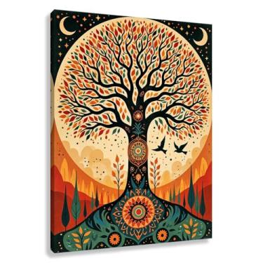 Imagem de Árvore da Vida Arte de parede Impressão em tela com imagens de decoração harmoniosas Cores quentes Natureza Flores Pássaros Pintura 45x60cmx1