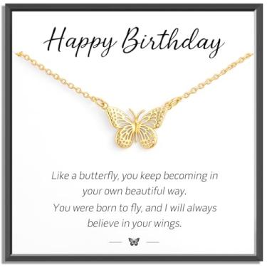 Imagem de JQVLOVE Presentes de aniversário para mulheres, colar de borboleta banhado a ouro delicado, joias com cartão de significado para melhor amiga, irmã, sobrinha, filha ou neta, Happy Birthday, Cobre, Sem