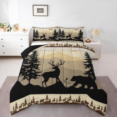 Imagem de jejeloiu Jogo de cama Queen com urso preto, veado, caça, urso, veado, para crianças, meninos, meninas, fazenda, floresta, animal, edredom rústico, cabana rústica, decoração de quarto, 3 peças com 2