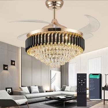 Imagem de Lustre dourado de 132 cm com luzes e controle remoto, lustre de cristal LED regulável com ventilador, ventilador de teto invisível retrátil moderno com luz para sala de jantar, sala de estar, cozinha