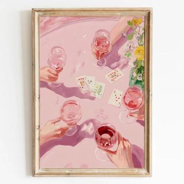 Imagem de Pôster de pôquer rosa com estampa moderna e descolada em tela, cartazes de baralho de pôquer, coquetéis, bebidas alcoólicas, impressões, moderna, neutra e estética, arte de parede para quarto, 40,6 x