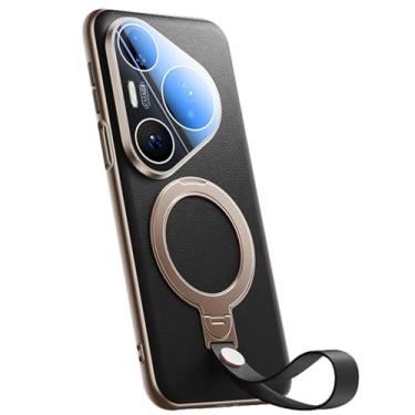 Imagem de LTLMYDAM Capa de revestimento para Huawei Pura 80 Ultra/80 Pro/80 Pro+/80, capa de telefone de couro de grão de lichia magnética de luxo anel giratório com capa de alça de dedo, preta, 80 Ultra