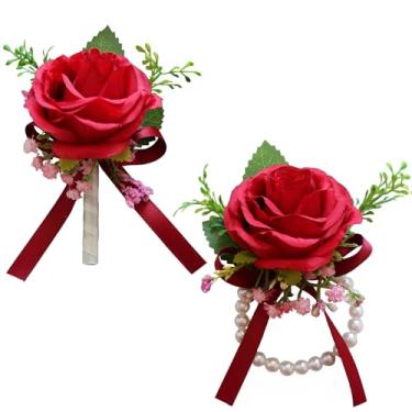 Imagem de MAFELOE Conjunto de 2 peças de corpete rosa artificial para baile de formatura, flores de simulação, acessórios para festa de casamento, evento de negócios, decoração de terno - vermelho (M7-Y2-S-MG)