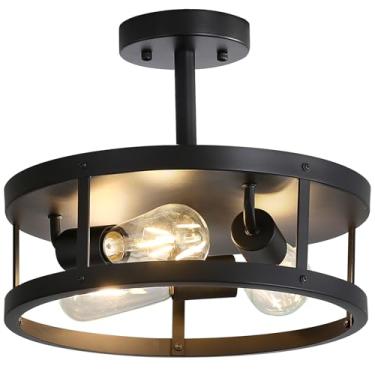 Imagem de Youroke Luminária de teto Farmhouse, montagem semiembutida, 33 cm, preta, perto das luzes de teto, 3 luzes, fácil de montar, gaiola de metal vintage, tambor de montagem embutida, luzes de teto para