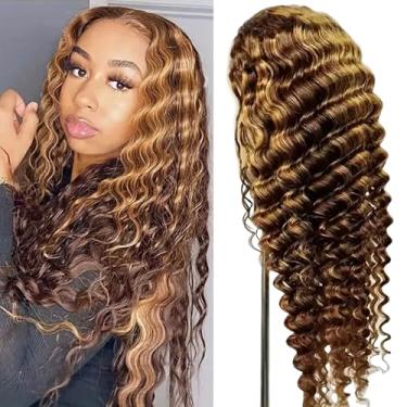 Imagem de ALYOGA Peruca Highlight Cabelo Humano - Densidade 180 HD Onda Profunda Lace Front Wigs, Peruca de Cabelo Humano Encaracolado 33x15 Pré-Arrancada 50,8 cm