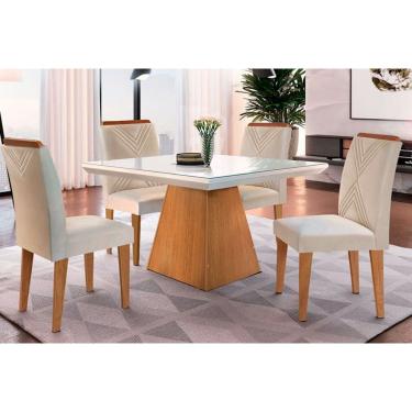 Imagem de Conjunto: Mesa Sala Jantar Luna c/ Tampo Madeirado c/ Vidro Canto Curvo 90x90cm e 4 cadeiras Amsterdã Imbuia/Off White - Suede Creme - Rufato