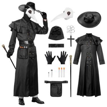 Imagem de Fantasia de Doutor da Peste para Dia das Bruxas, branco, 8 peças de roupa de médico da peste com máscara para homens fantasias de Halloween (preto-masculino 02, 2GG)