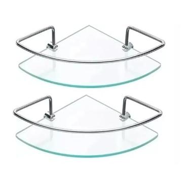 Imagem de Kit 2 Prateleiras de Canto em Vidro 6mm, Incolor, com Suporte em Alumínio, para Banheiro, com Kit de Instalação