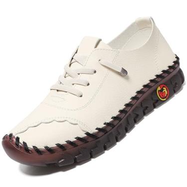 Imagem de Mocassins femininos de couro macio sem cadarço modernos feitos à mão bordados florais sapatos de caminhada conforto ortopédico 4D alívio da dor sapatos casuais, Bege B, 33