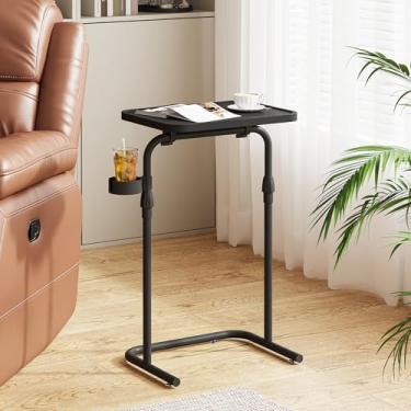 Imagem de TUTOTAK Mesa de canto em forma de C com superfície inclinável, mesa lateral de altura ajustável, bandeja de TV deslizante sob o sofá para comer, bandeja de sofá para sala de estar, quarto, preto