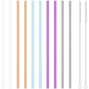 Imagem de Pacote com 10 canudos de plástico reutilizáveis, canudos de substituição coloridos com escova de limpeza, conjunto de canudo para copos de 1,134 g, canecas de 1,1 litro