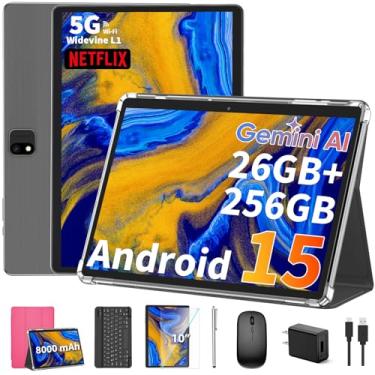 Imagem de Tablet Android 15 2025 com teclado, 26 GB (6 + 20) RAM + 256 armazenamento (expansão para 2 TB), bateria de 8000 mAh, Widevine L1, tablets 2 em 1 de 10 polegadas com Wi-Fi 5G/2.4G, BT5.0, certificado