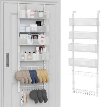 Imagem de Organizador de armário suspenso de metal 2 em 1 e suporte para chapéus com 4 cestas ajustáveis, 8 ganchos, 10 clipes, armazenamento atrás da porta para despensa, armário, banheiro, quarto, cozinha